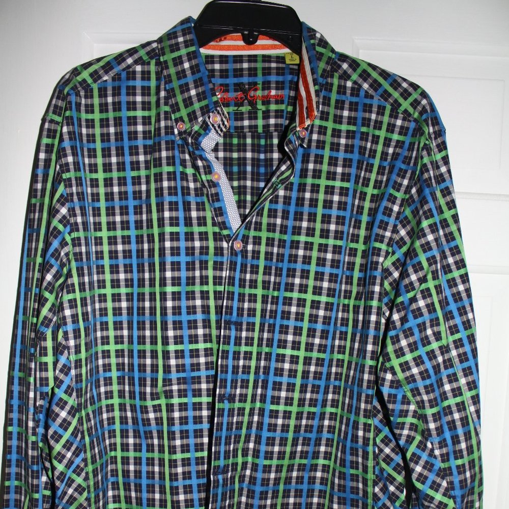 Robert Graham Blue Green Plaid Men's Button Down Long Sleeve Dress Shirt Size L